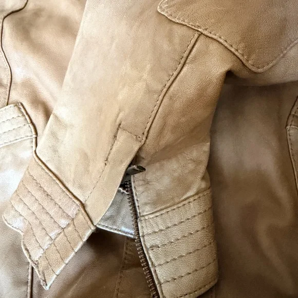 Black Rivet Soft Tan Leather Zippered Moto Bomber Jacket XL - Picture 5 of 8